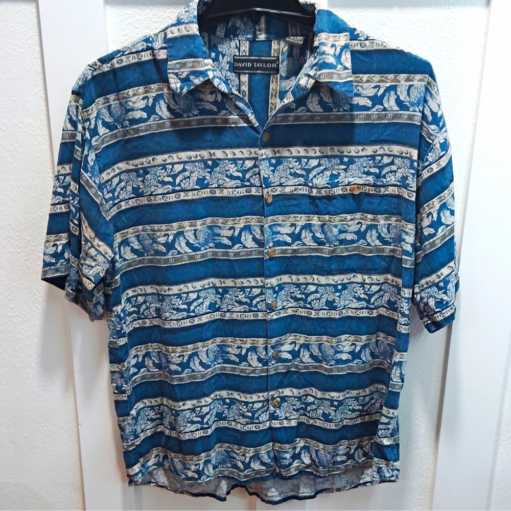 David Taylor Men's L Silk Tropical Hawaiian Striped Button-Up Shirt Short Sleeve
